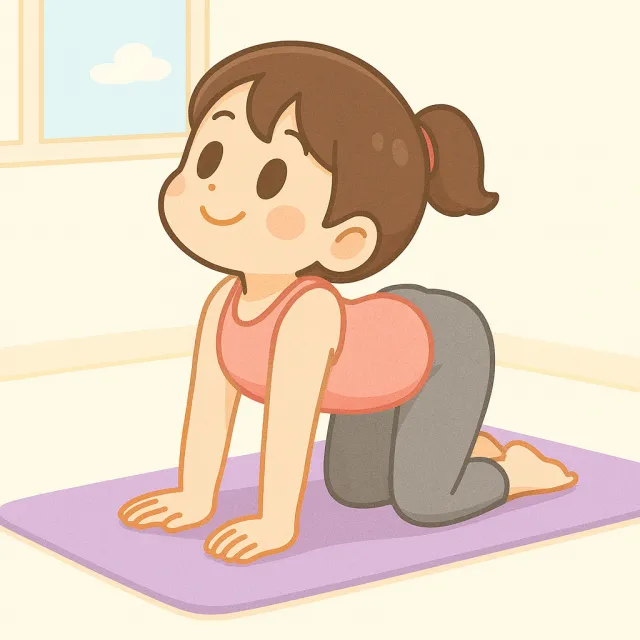 ピラティスマットの上でキャット＆カウポーズをしているアニメ風のイメージ画像