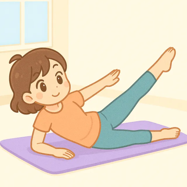 ピラティスマットの上でサイドレッグリフトをしているアニメ風のイメージ画像