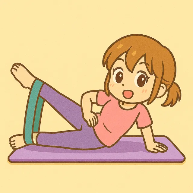 ピラティスマットの上でピラティスバンドを使ってサイドレッグリフトをしている女の子のイラスト