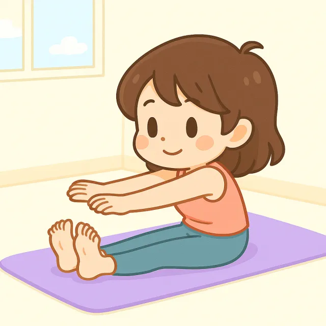 ピラティスマットの上でスパインストレッチフォワードをしているアニメ風のイメージ画像