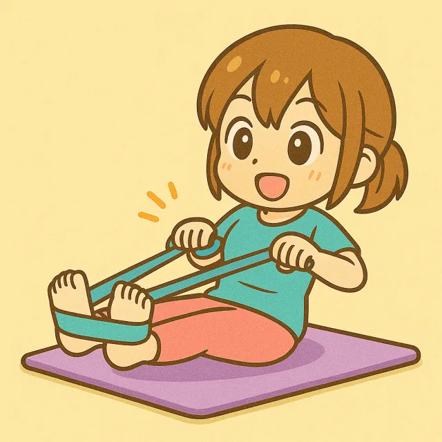 ピラティスマットの上でピラティスバンドを使ってチューブローイングをしている女の子のイラスト