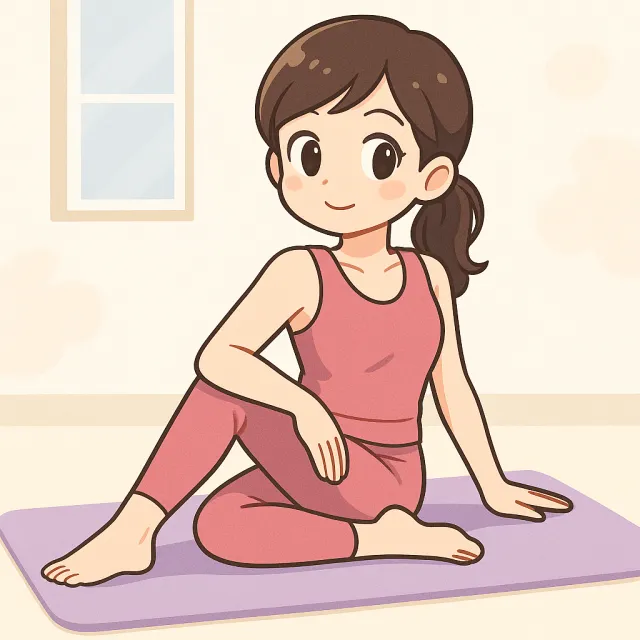ピラティスマットの上でツイストポーズをしているアニメ風のイメージ画像