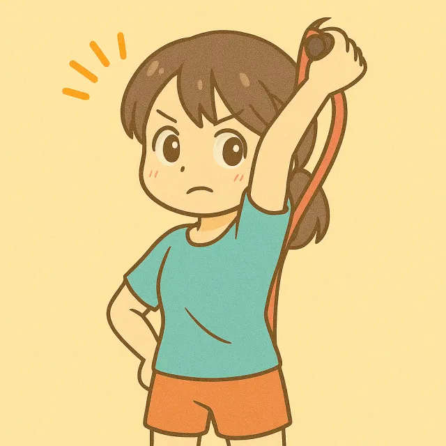 ピラティスバンドを使ってトライセップエクステンションをしている女の子のイメージのイラスト