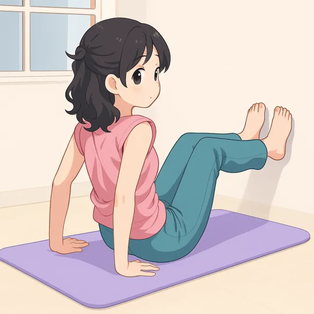 ピラティスマットの上でトライセプスプレスをしているアニメ風のイメージ画像