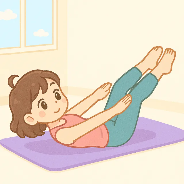 ピラティスマットの上でハンドレッドをしているアニメ風のイメージ画像