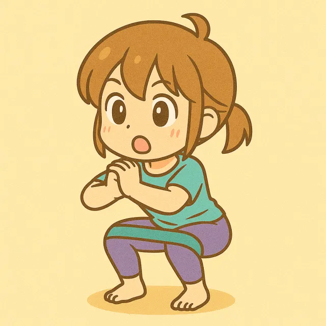 ピラティスマットの上でピラティスバンドを使ってバンドスクワットをしている女の子のイラスト