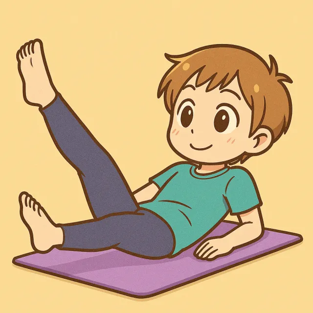 ピラティスマットの上でレッグサークルをしている男性のアニメ風の画像