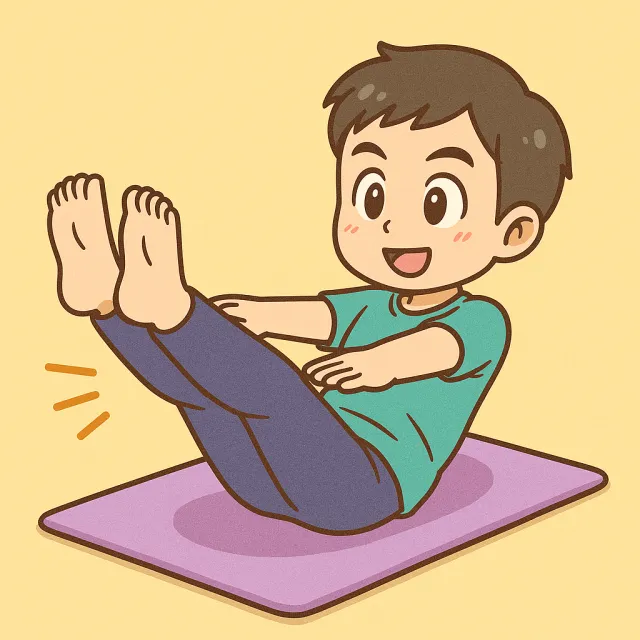 ピラティスマットの上でハンドレッドをしている男性のアニメ風の画像