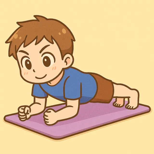 ピラティスマットの上でプランクをしている男性のアニメ風の画像