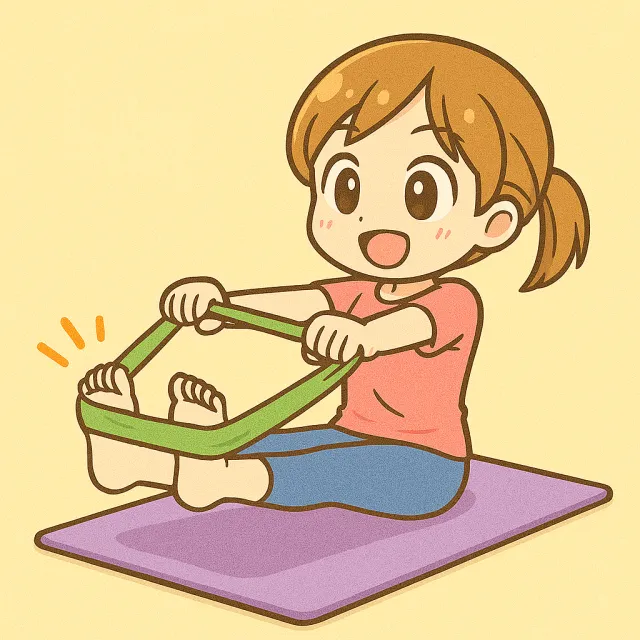 ピラティスマットの上でピラティスバンドを使ってチューブクランチをしている女の子のイラスト