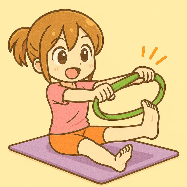 ピラティスマットの上で左足に引っかけてピラティスバンドをしようとしている女の子のイラスト