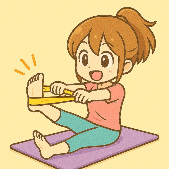 ピラティスマットの上で右足を上げてピラティスバンドをしている女の子のイラスト