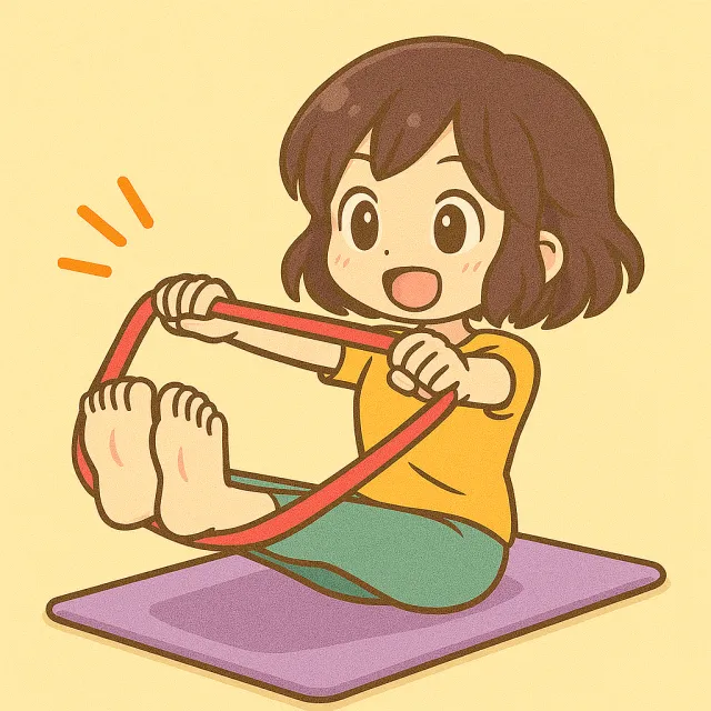 ピラティスマットの上で両足を持ち上げてピラティスバンドをしている女の子のイラスト