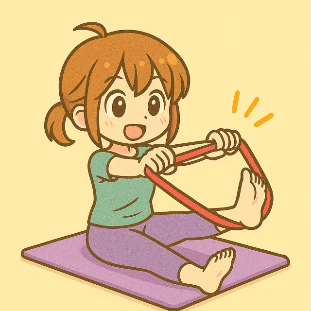 ピラティスマットの上で左足を上げてピラティスバンドをしている女の子のイラスト