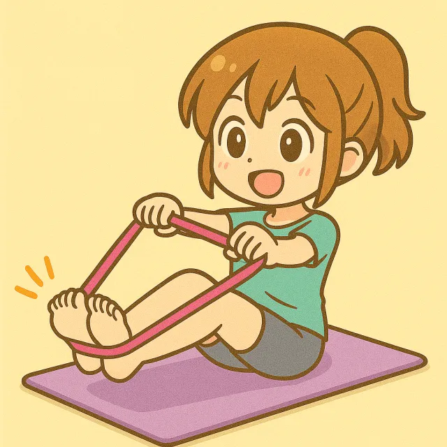 ピラティスマットの上で両足を支えてピラティスバンドをしている女の子のイラスト