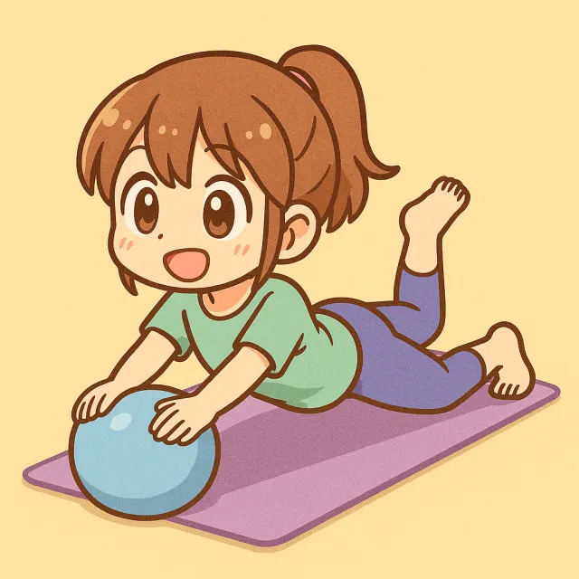 ピラティスマットの上でピラティスボールに両手を乗せてストレッチをしている