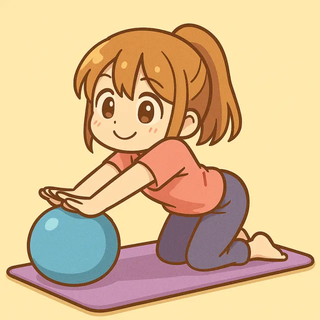 ピラティスマットの上でピラティスボールに両手を乗せて立ち膝でストレッチをしている