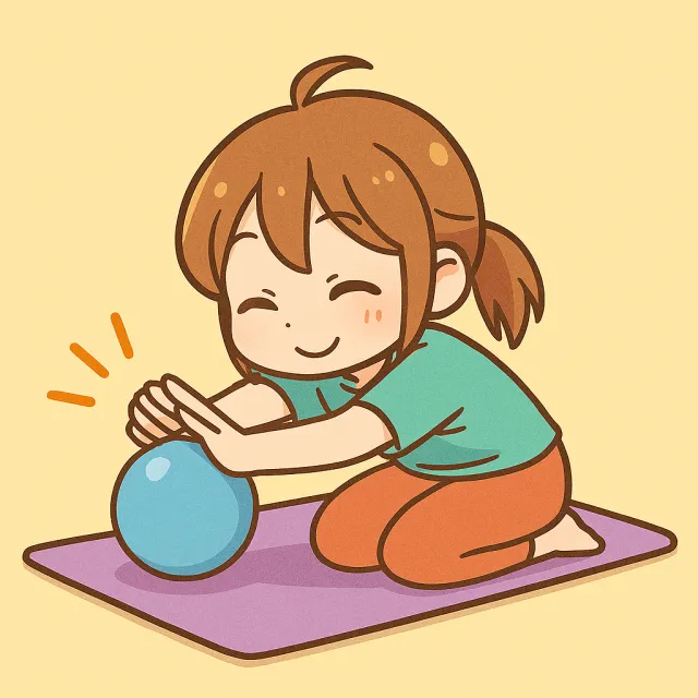 ピラティスマットの上でピラティスボールを押してストレッチをしている
