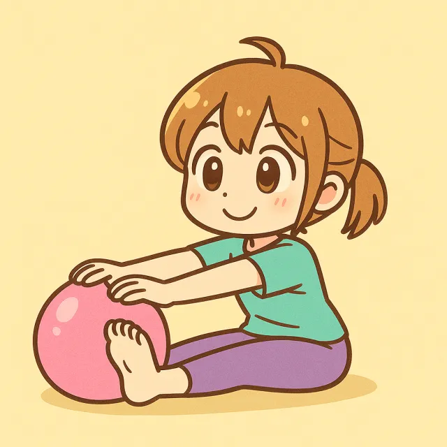 ピラティスボールを両足で挟み両手を乗せてストレッチをしている