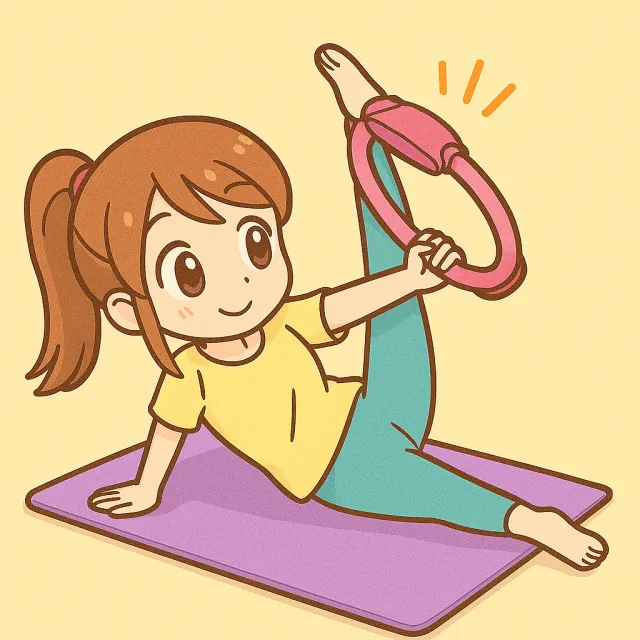 ピラティスマットの上で左足を高く上げてピラティスリングをしている女の子のイラスト