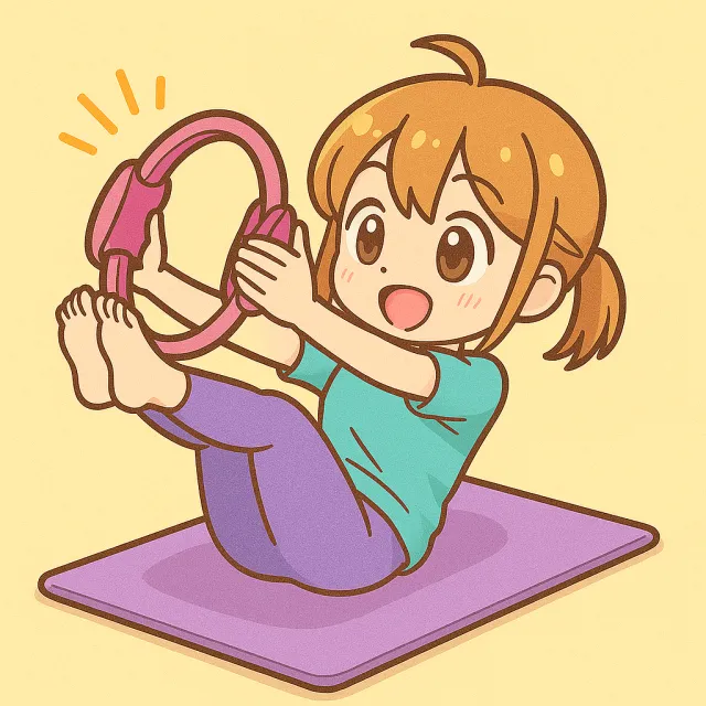 ピラティスマットの上で両足を上げてピラティスリングをしている女の子のイラスト