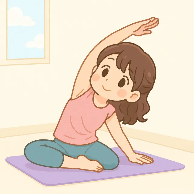 ピラティスマットの上でマーメイドストレッチをしているアニメ風のイメージ画像