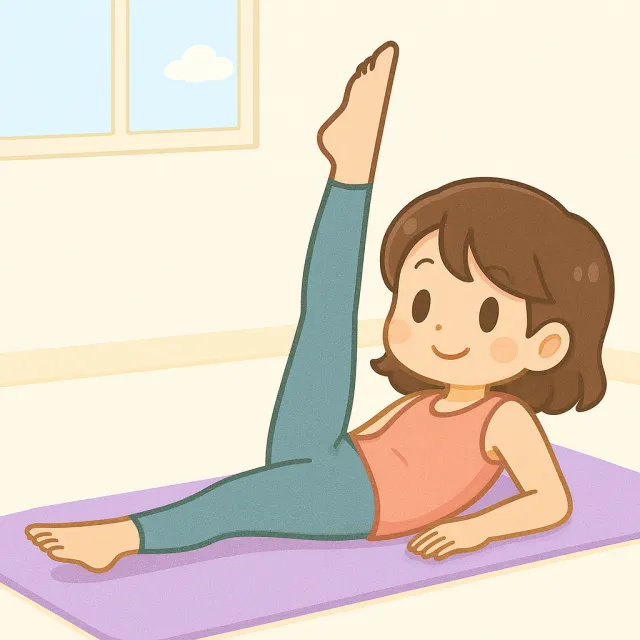 ピラティスマットの上でレッグサークルをしているアニメ風のイメージ画像