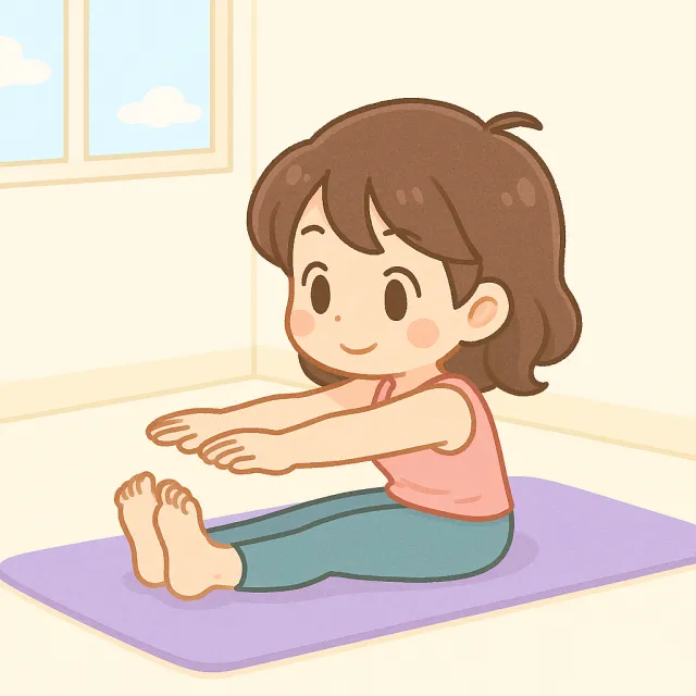 ピラティスマットの上でロールアップをしているアニメ風のイメージ画像