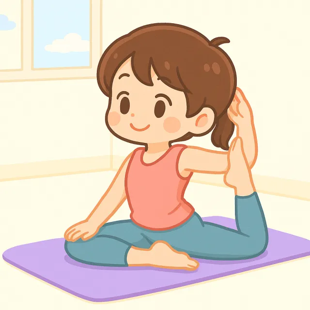 ピラティスマットの上で鳩のポーズをしているアニメ風のイメージ画像